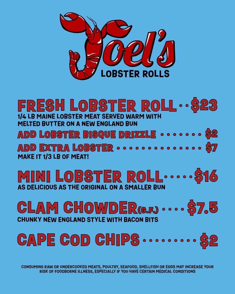 Menu, including Fresh lobster roll, mini lobster roll, and clam chowder