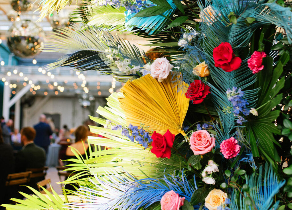 A closeup of a flower arrangement during a private event at Miel Brewery
