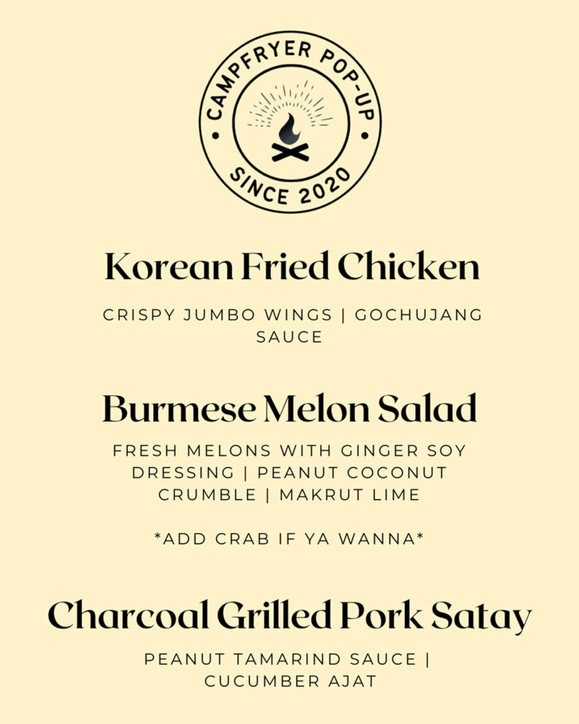 A menu by The Campfrer pop-up of food that he has served in the past