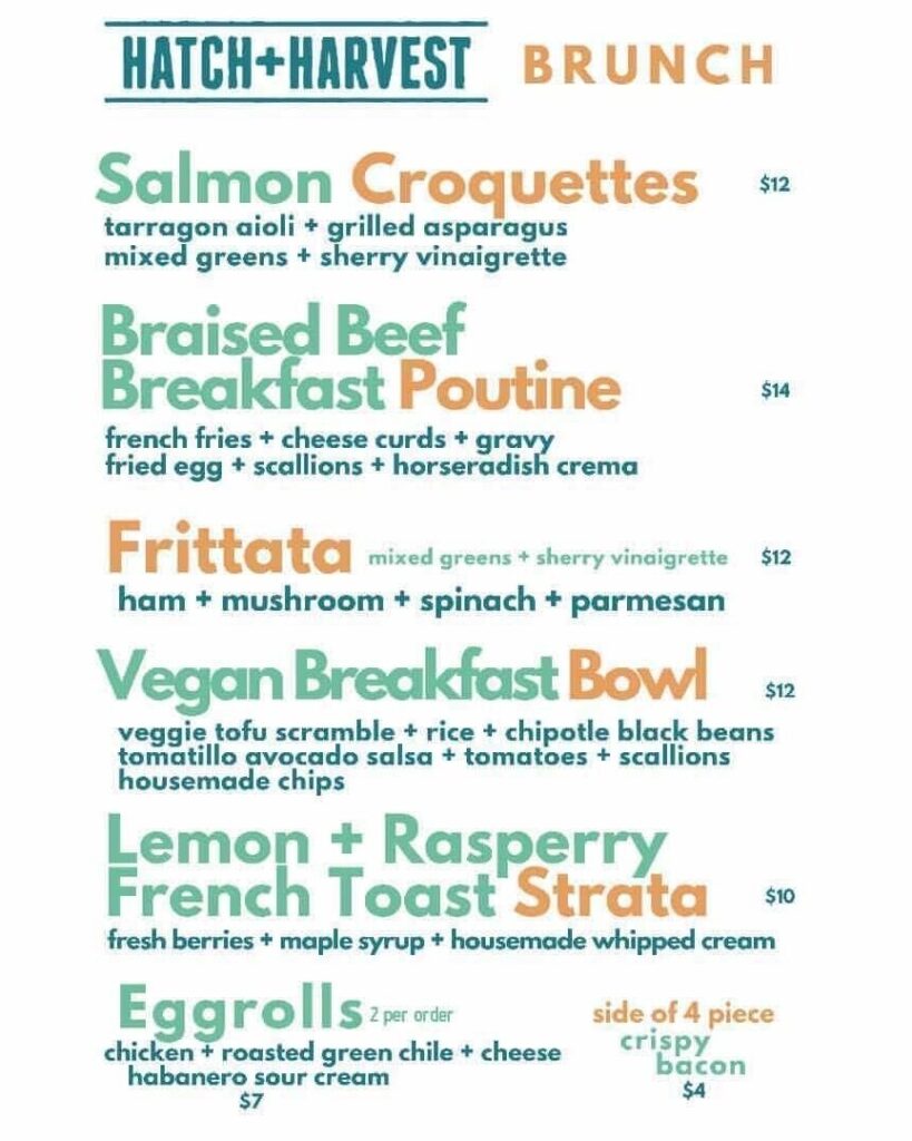 Hatch + Harvest brunch menu including salmon croquettes, braised beef breakfast poutine, and frittata