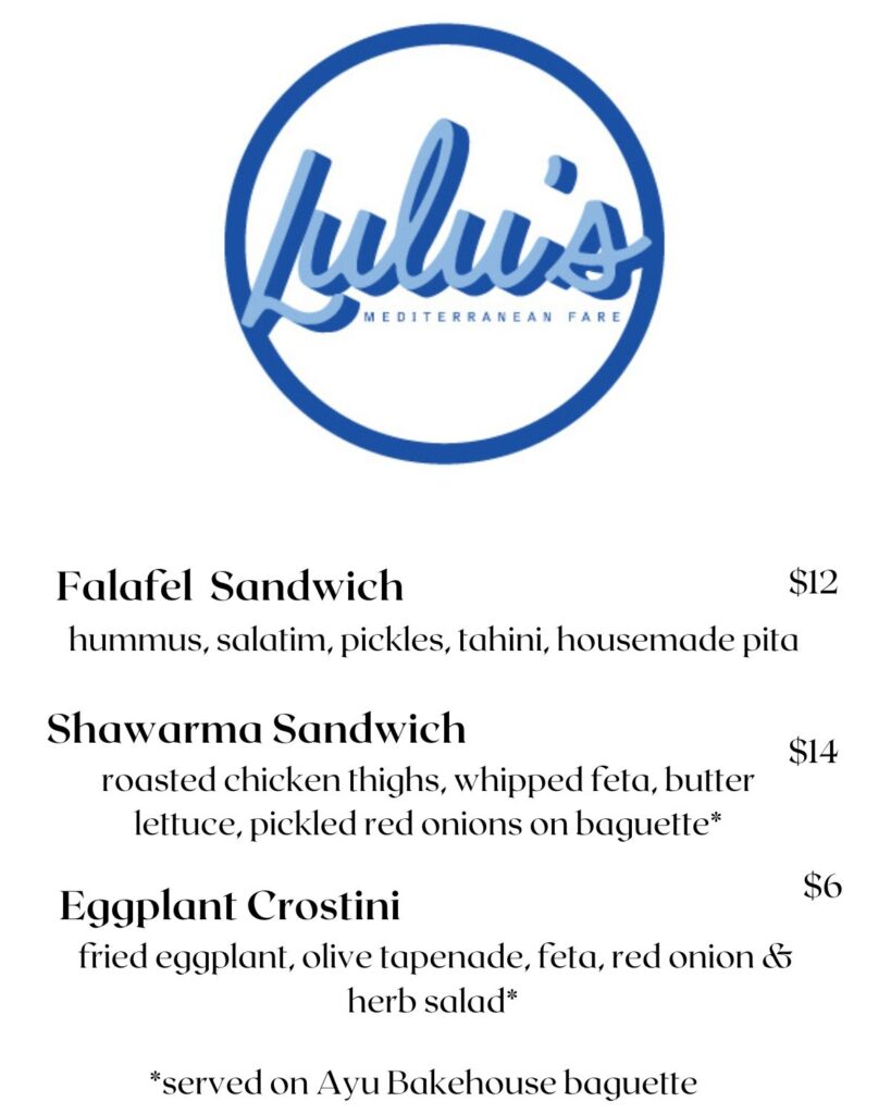 Sample menu of Lulu's Mediterranean Fare, featuring a falafel sandwich, shawarma sandwich, and eggplant crostini