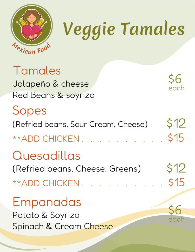 veggie tamales pop-up sample menu