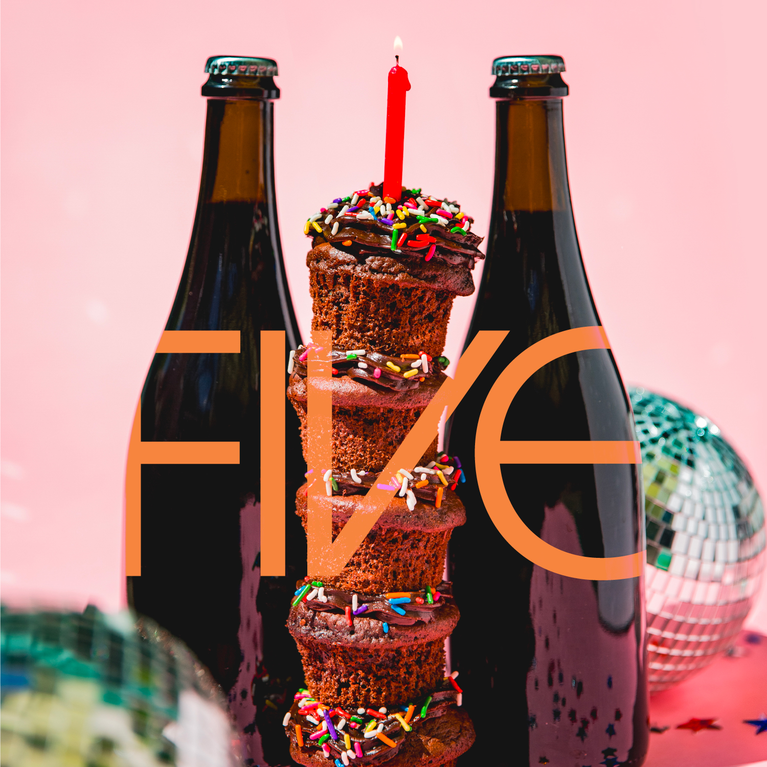 Graphic for Miel Brewery's 5th anniversary showing 5 stacked chocolate cupcakes and two 750 ml bottles in the back