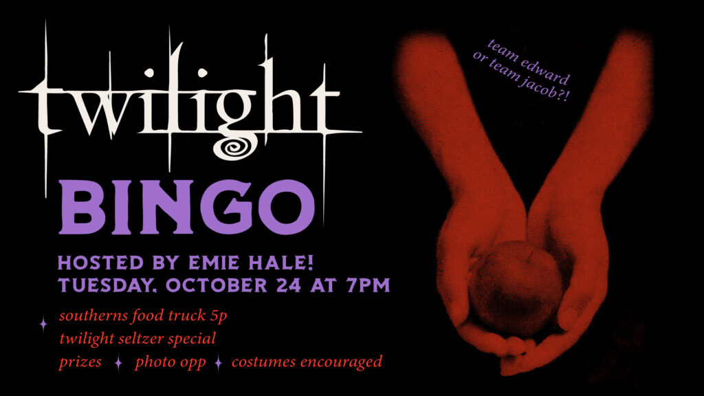 Poster for Twilight bingo with hands from twilight that are holding an apple