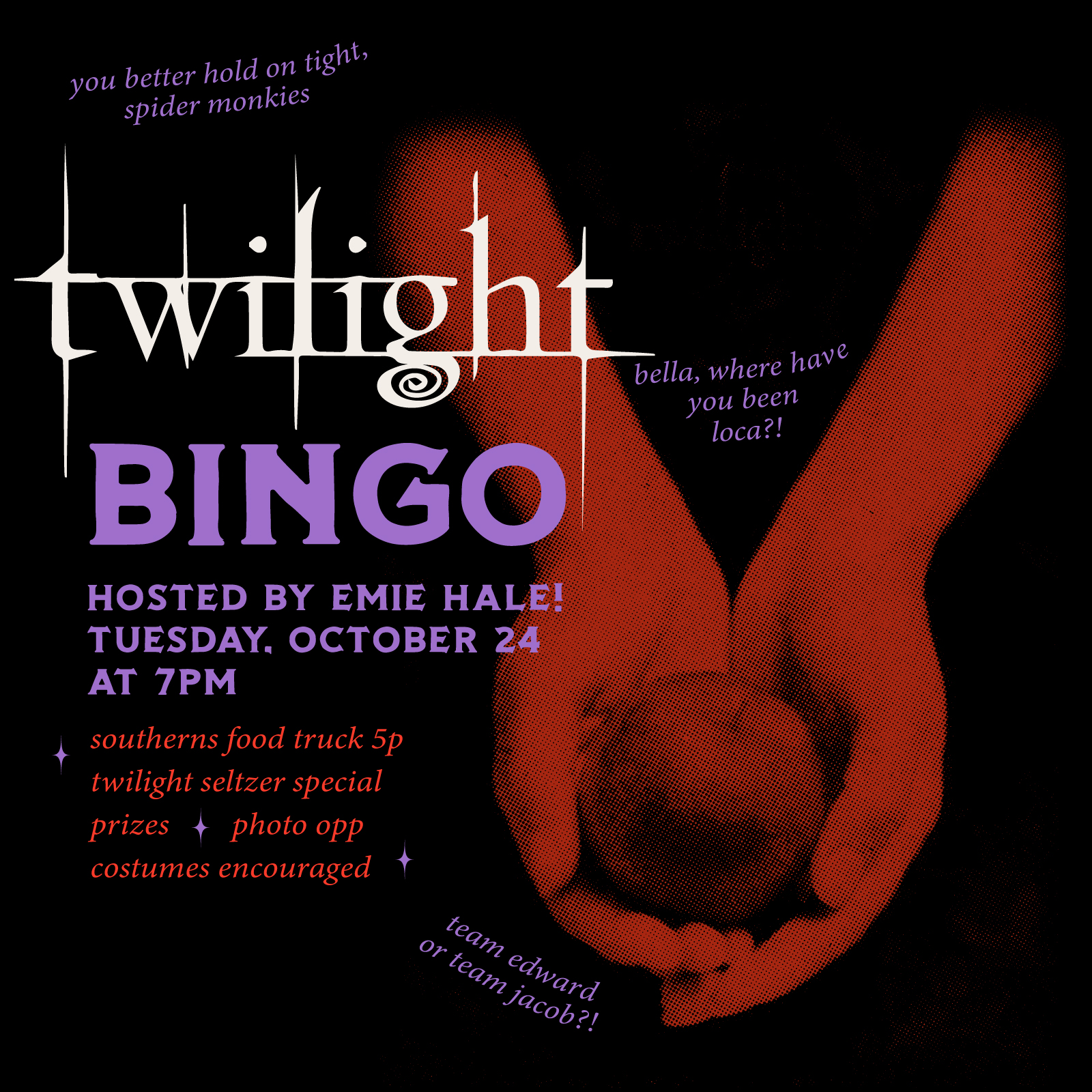 Poster for Twilight bingo with hands from twilight that are holding an apple