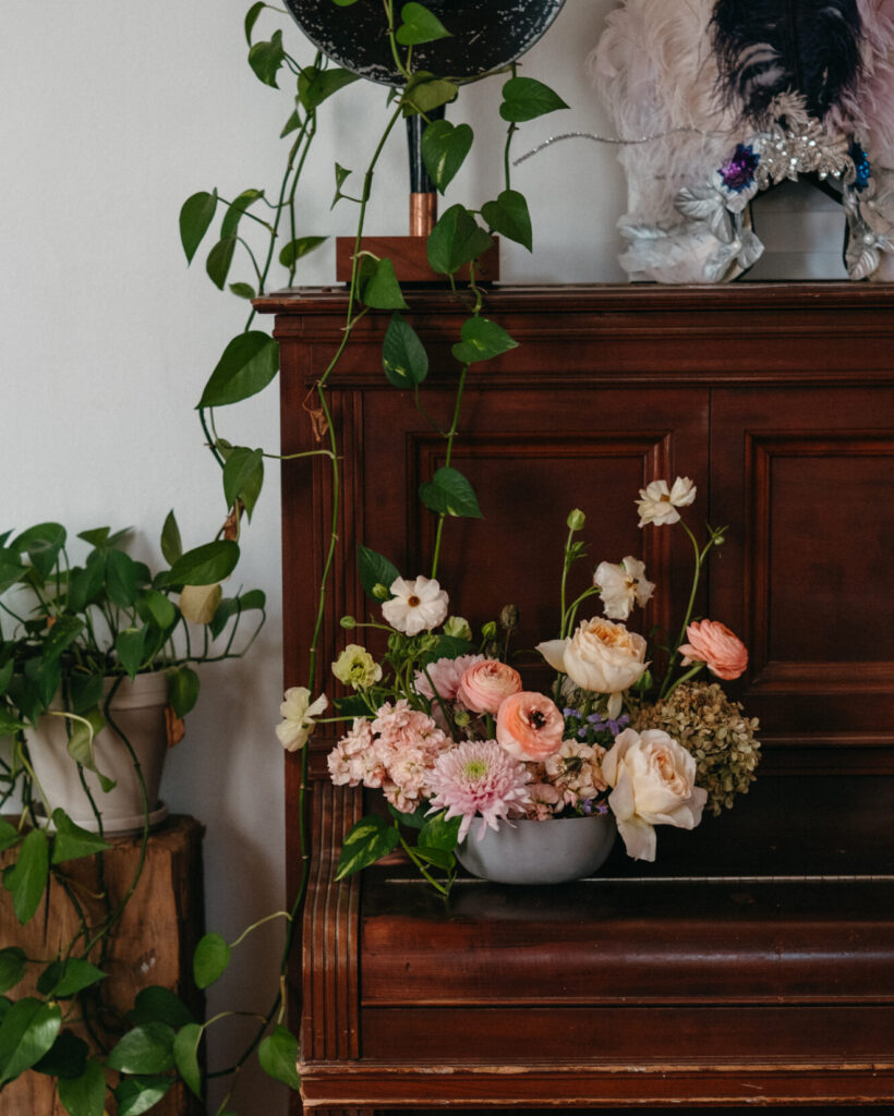 Antigua Floral Thanksgiving centerpiece example on piano