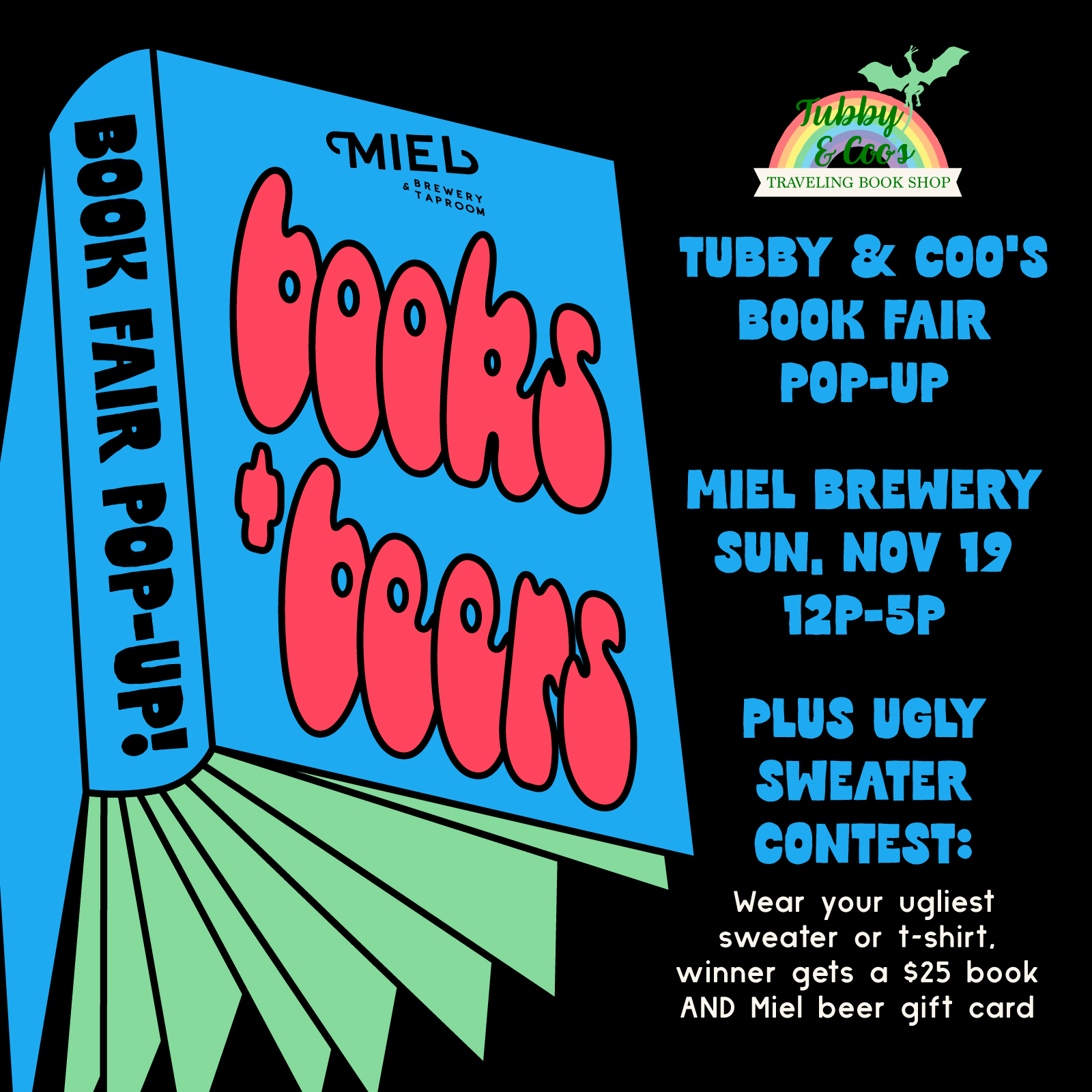 Tubby & Coo's Traveling Book Fair/shop at Miel Brewery square flyer