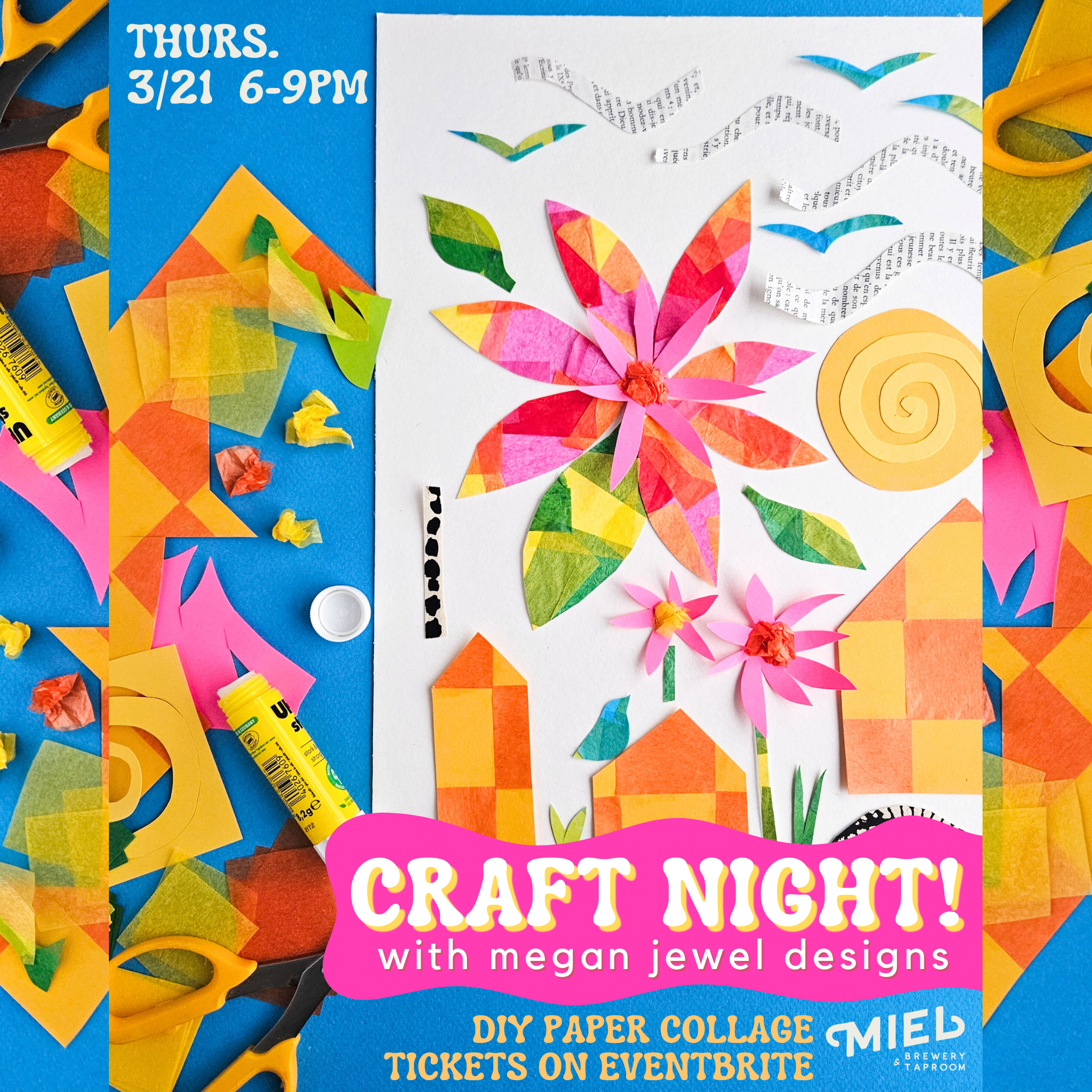 Square flyer for Craft Night: Paper Collages with Megan Jewel Designs!