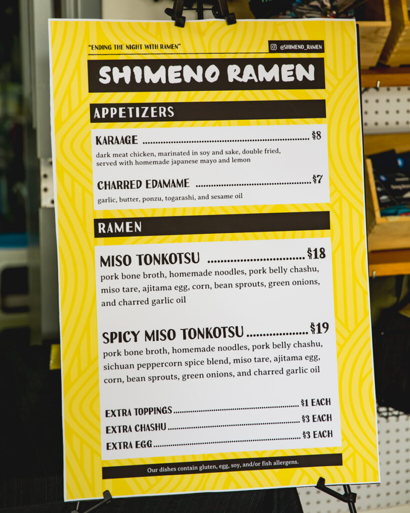Shimeno Ramen sample menu