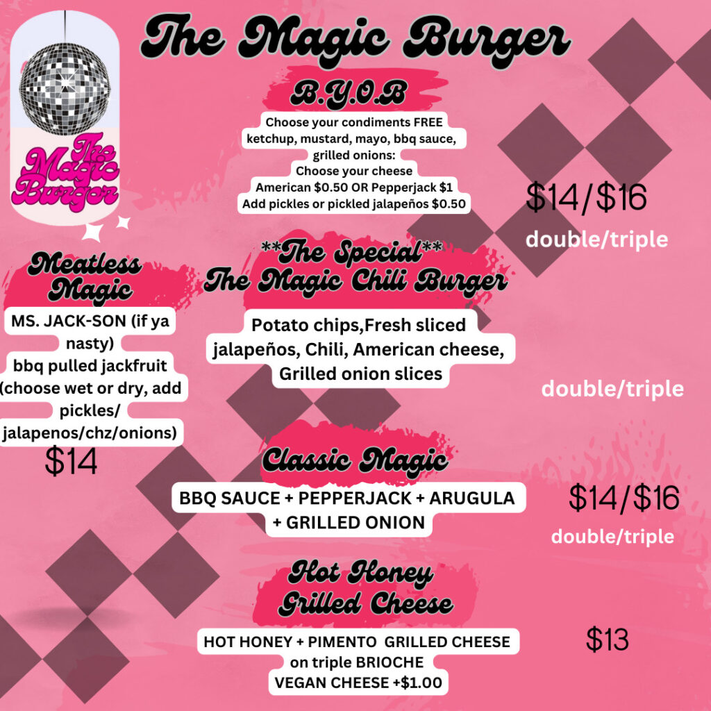 The Magic Burger menu for their pop-up at Miel Brewery