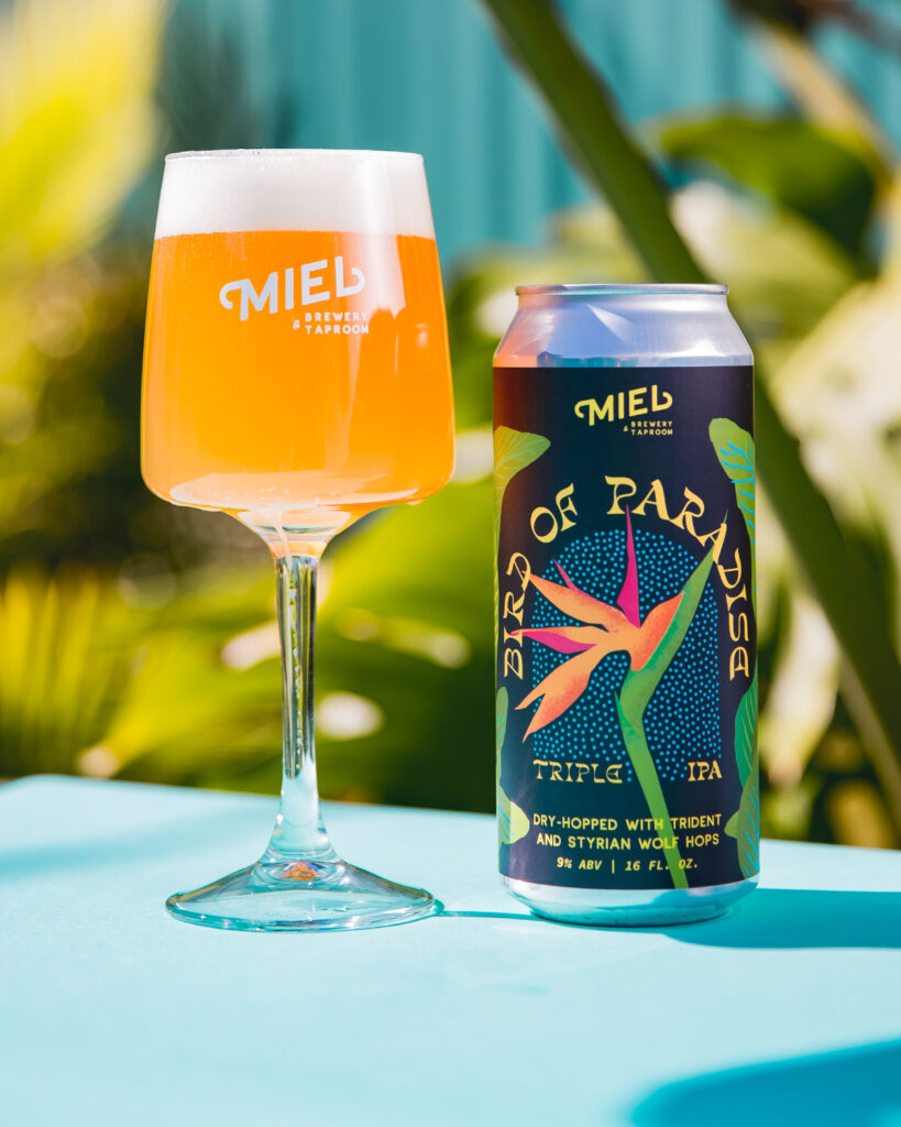 a tall stemmed glass with Bird of Paradise beer and a 16 oz can of Bird of Paradise beer by Miel Brewery