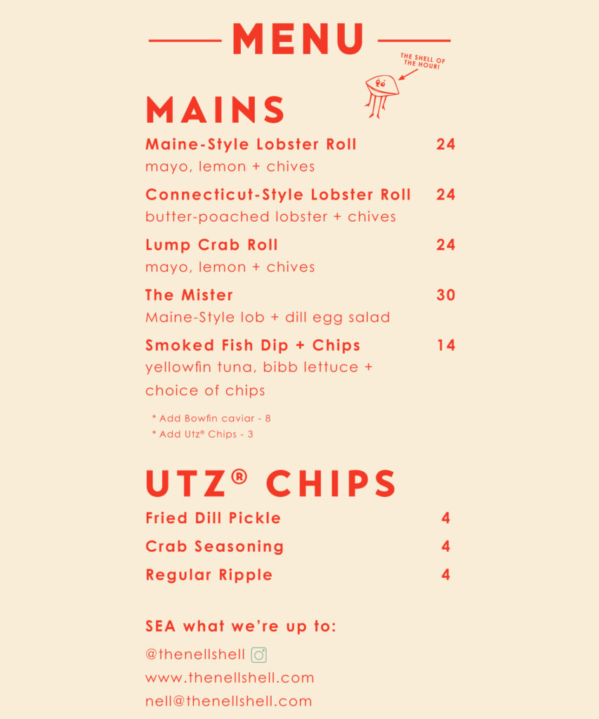 Nell Shell menu for their pop-up at Miel Brewery on mother's day 2024
