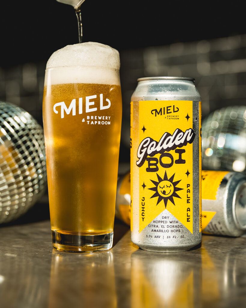 Golden Boi 16-oz can mock up and beer in pint glassware