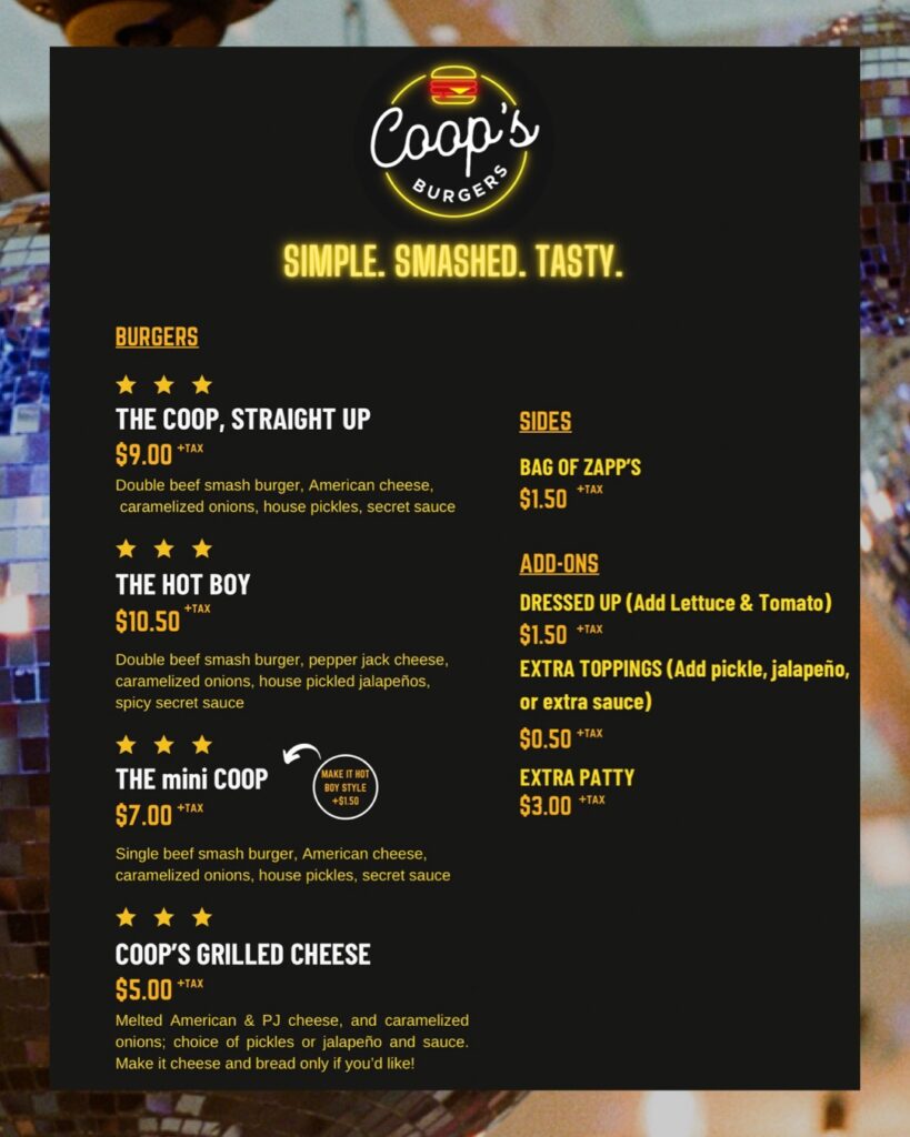 Coops Burger Sample menu at Miel Brewery
