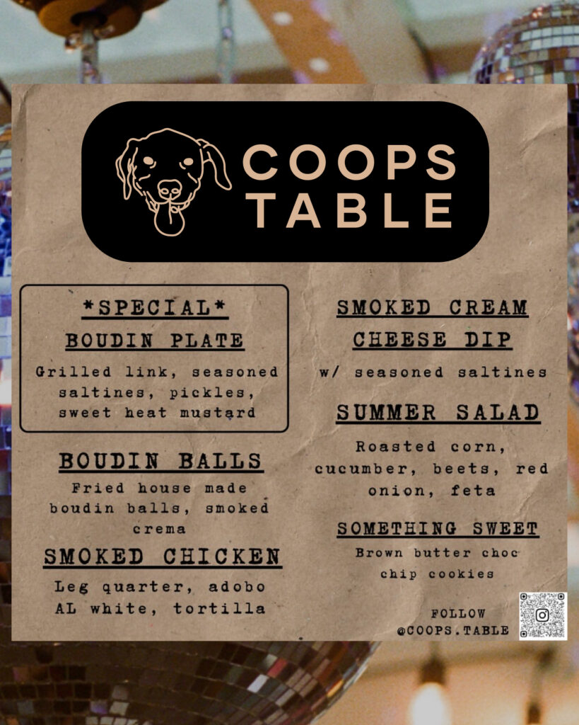 Coops table sample menu