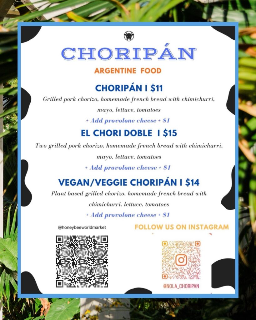 Nola Choripan menu at Miel