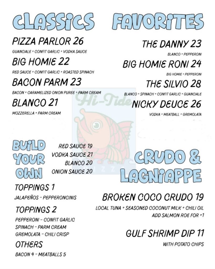 Hi Tide pizza menu same at Miel Brewery
