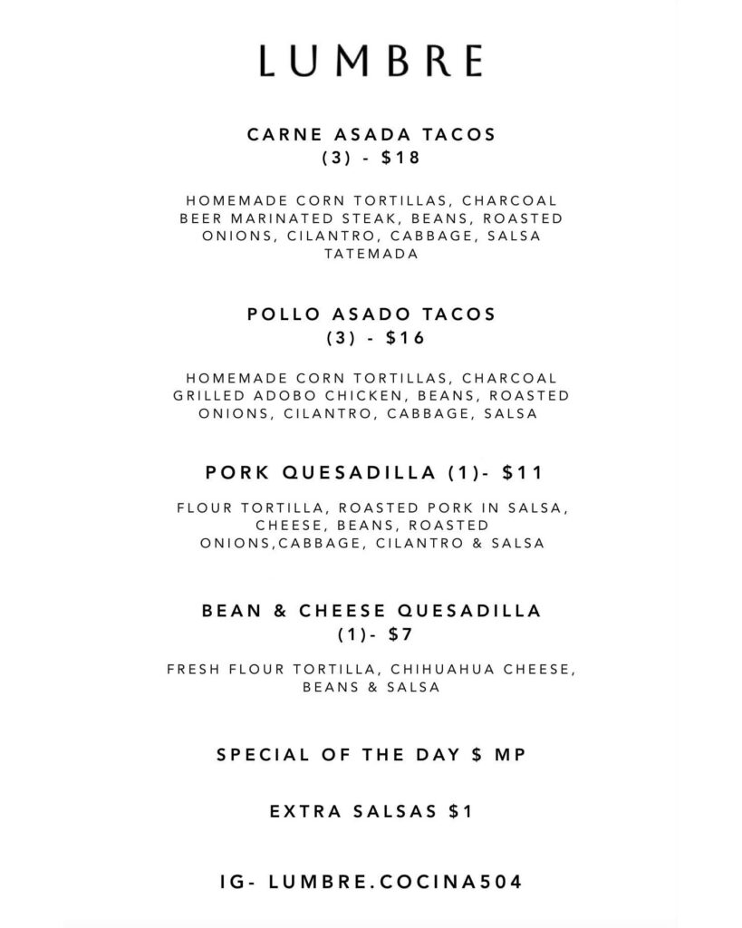 Lumbre Cocina sample menu at Miel Brewery